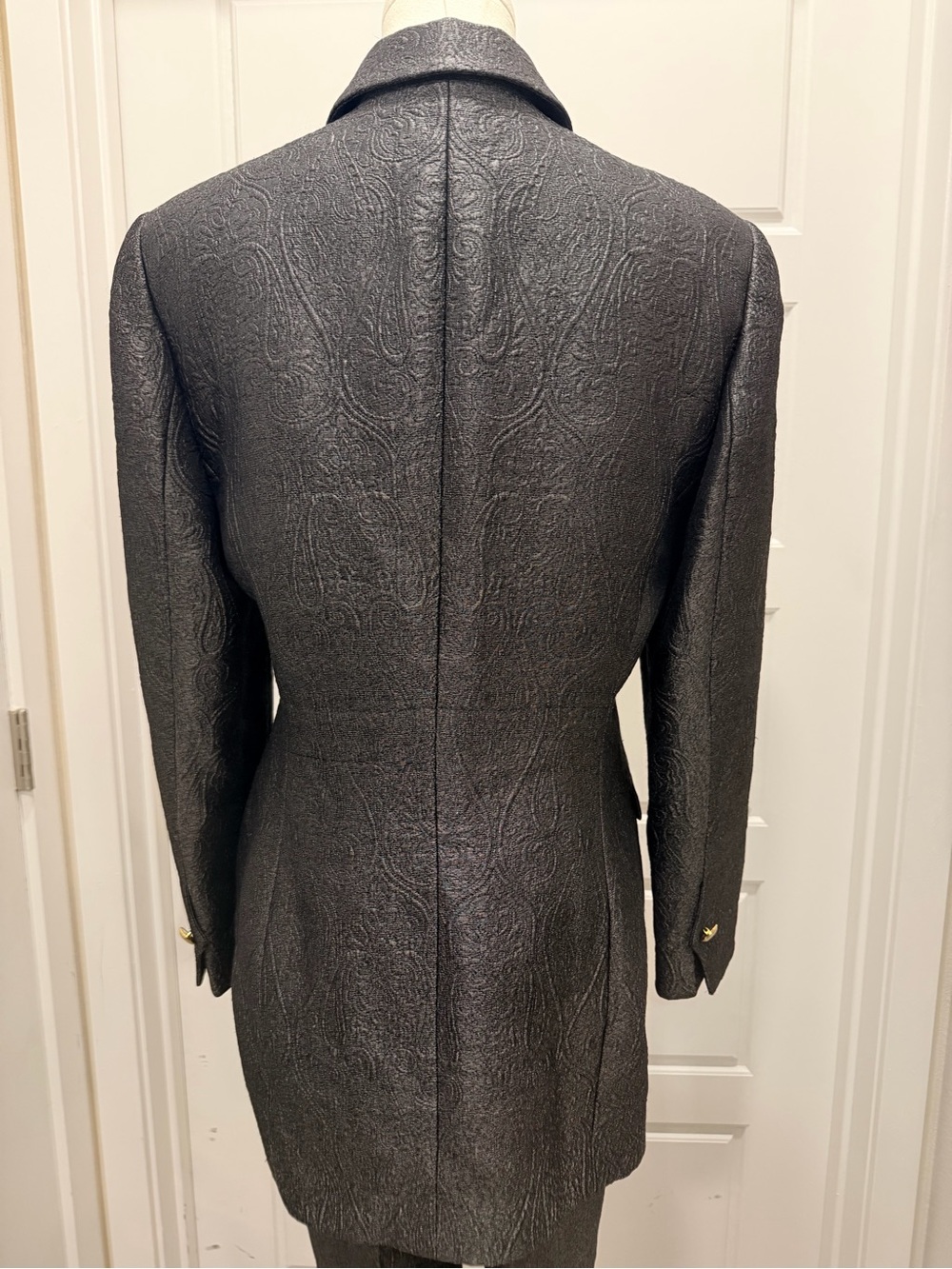 Escada Charcoal Gray Textured Silk-Virgin Wool Two-Piece Suit with Gold Buttons - Picture 10 of 13